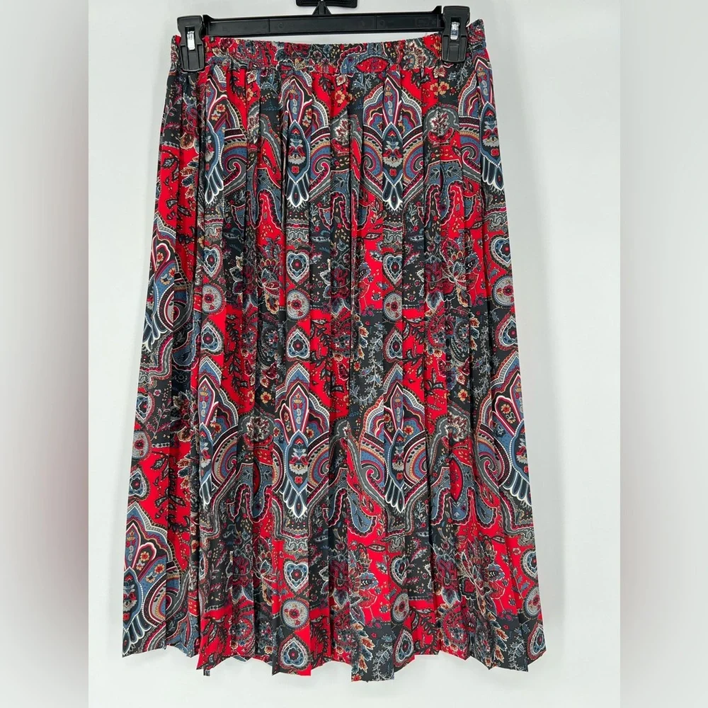ALFRED DUNNER RED BLUE‎ WHITE PAISLEY FLORAL VINTAGE PLEATED MIDI SKIRT